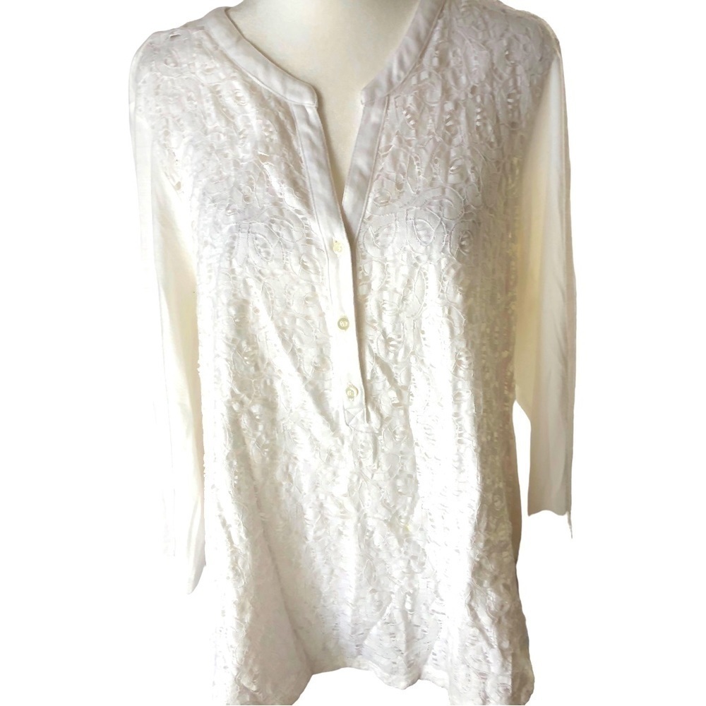 CB Lace Front Overlay Popover Top Women XL White Half Button Front Long Sleeved